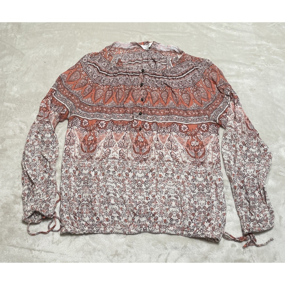 Lucky Brand Top Blouse Womens Medium Ivory Orange Long Sleeve Floral Bohemian